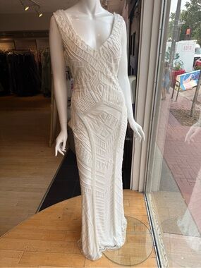 LARA Ivory Beaded V-Neck Column Gown